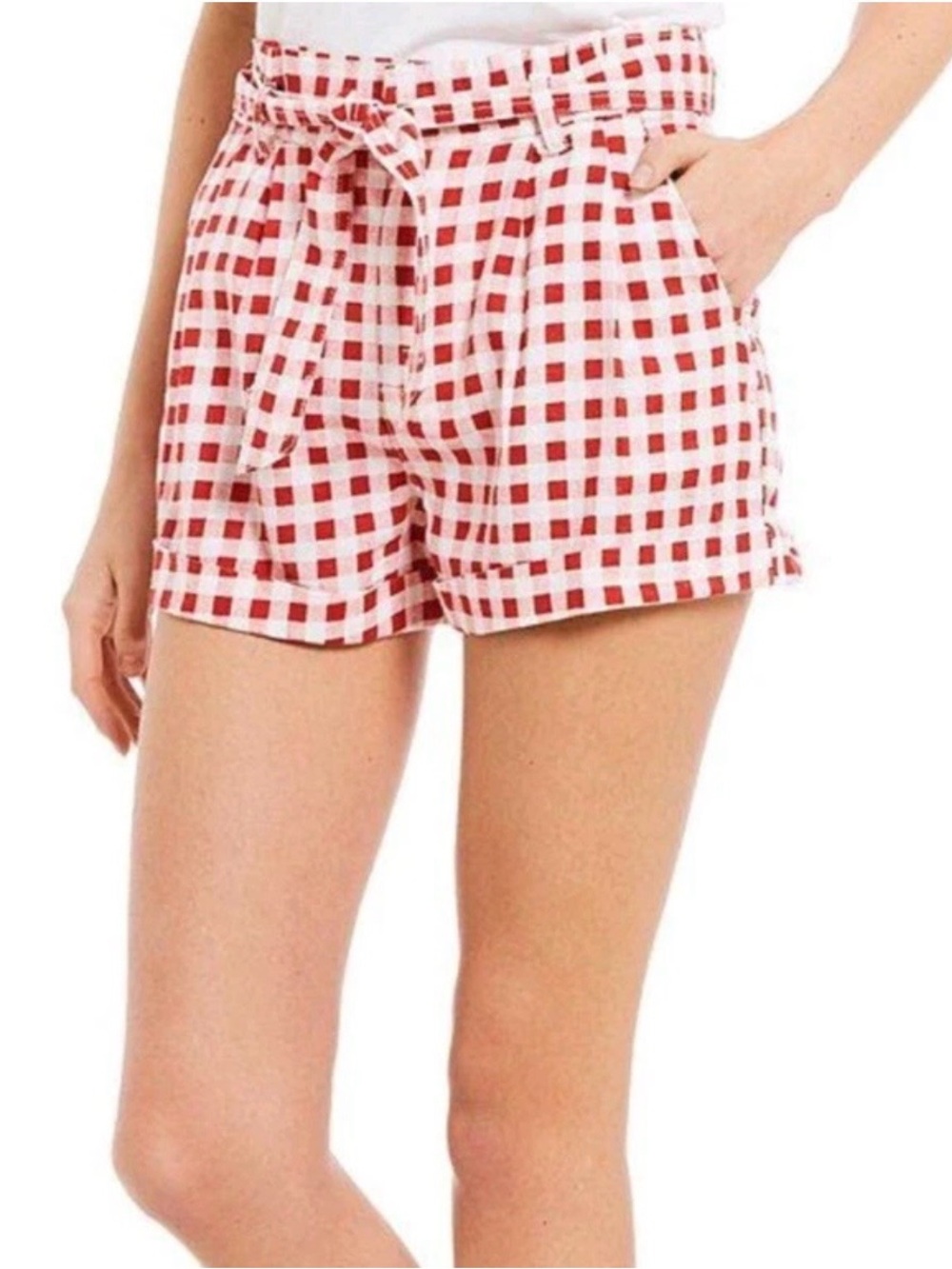 Jolt Red White Gingham Plaid Paperbag Tie Waist Shorts 11/30